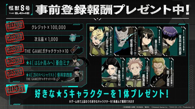 事前登録突破報酬で★５キャラを１体 、★４保科宗四郎、★４亜白ミナ、そして ガチャ２０回分などを無料プレゼント！